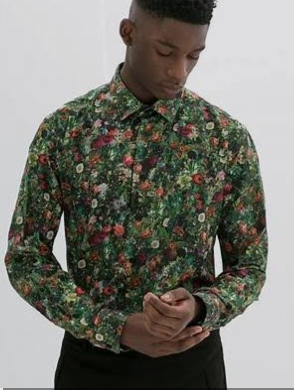Black Tag By Zara Man Green Floral Button-Up Shirt
